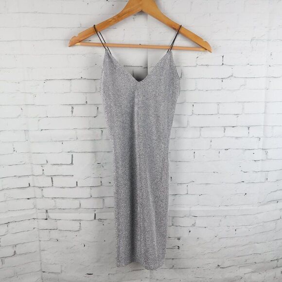 DIVIDED BY H&M SILVER GLITTERY SPAGHETTI STRAP MINI BODYCON PARTY DRESS SIZE XS - Picture 1 of 8